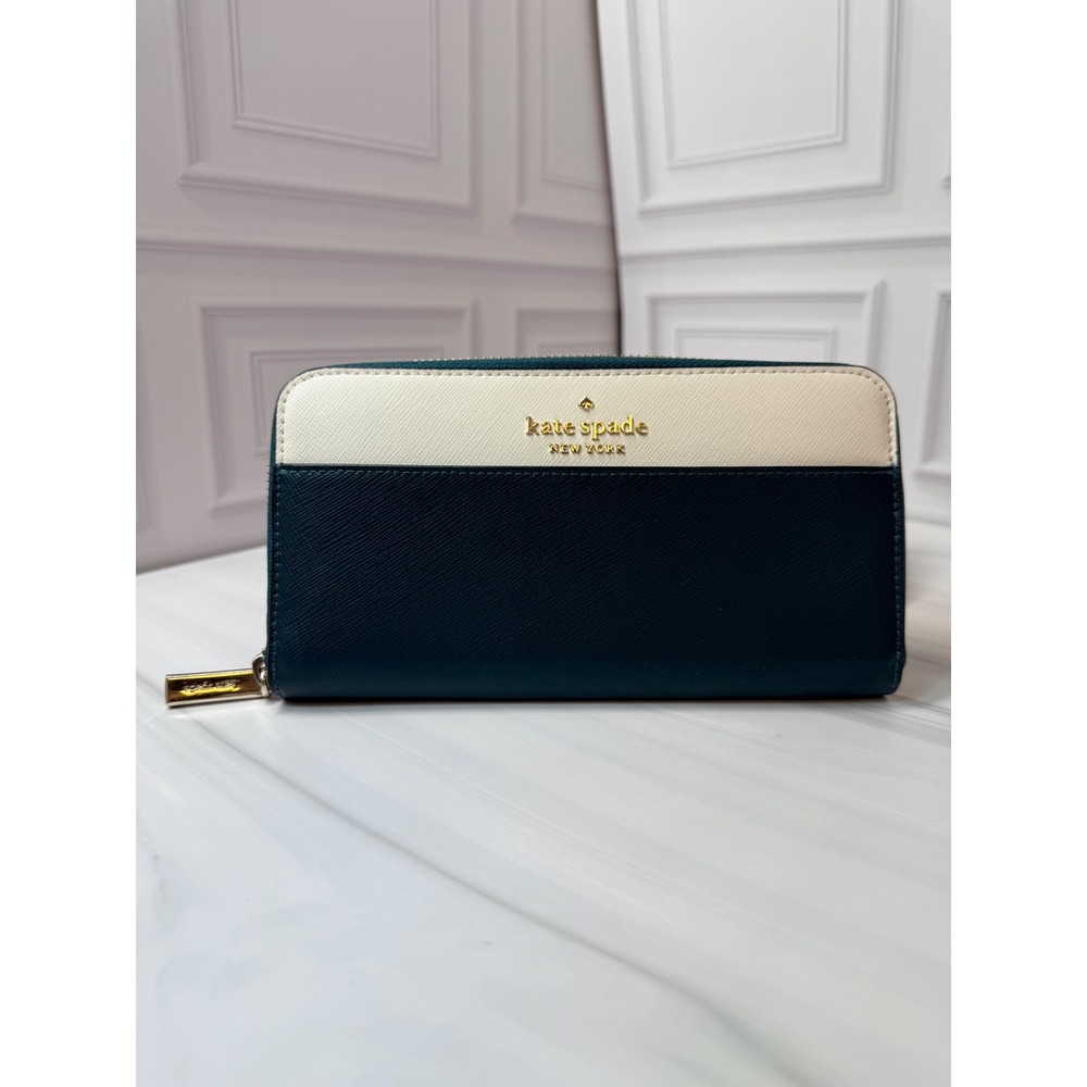 Kate Spade Gigi Zip Around Wallet Saffiano Leather Teal Cream Gold Logo Pouch